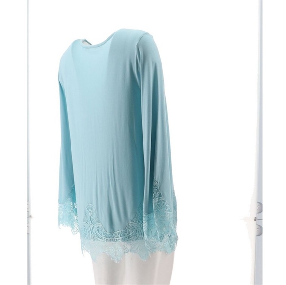 Colleen Lopez Long Bell Sleeve Lace Inset Porcelain Blue XL Blouse - Picture 11 of 13